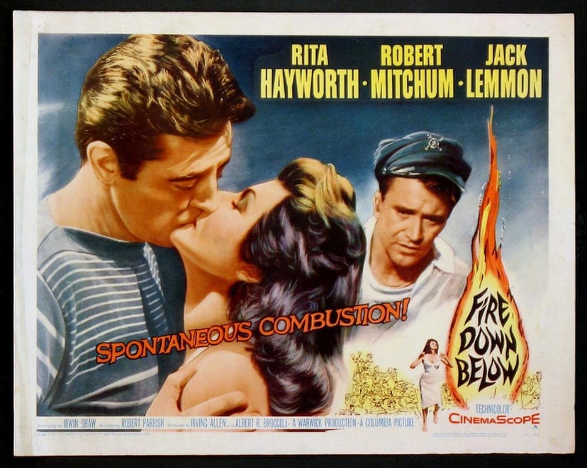 Lobby card for the 1957 film Fire Down Below featuring Rita Hayworth, Robert Mitchum and Jack Lemmon