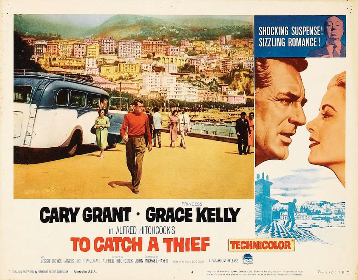 A vintage poster for Alfred Hitchcock's To Catch a Thief, set on the French Riviera