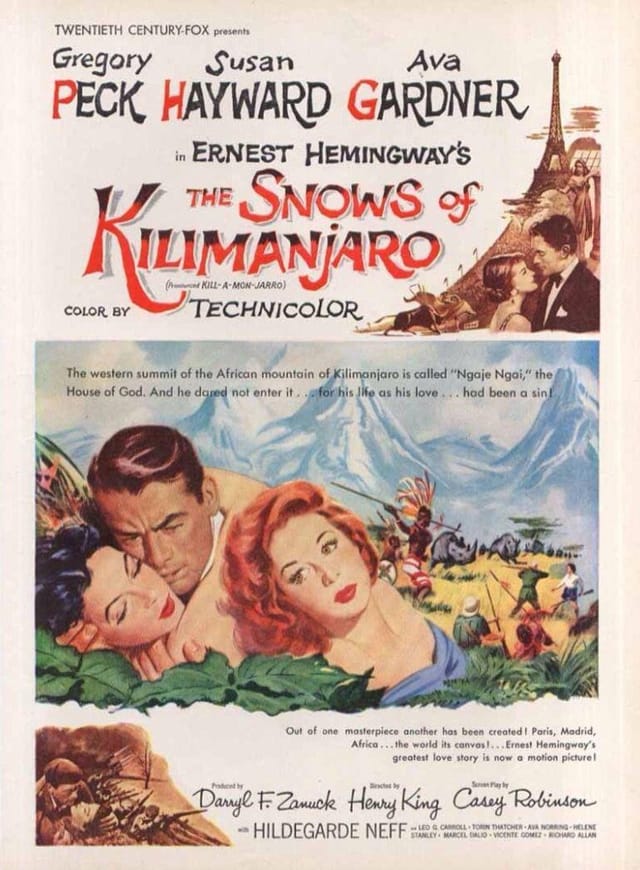 A poster for The Snows of Kilimanjaro, starring Gregory Peck and Ava Gardner