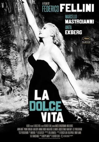 A poster for Fellini's La Dolce Vita, starring Marcello Mastroianni and Anita Ekberg
