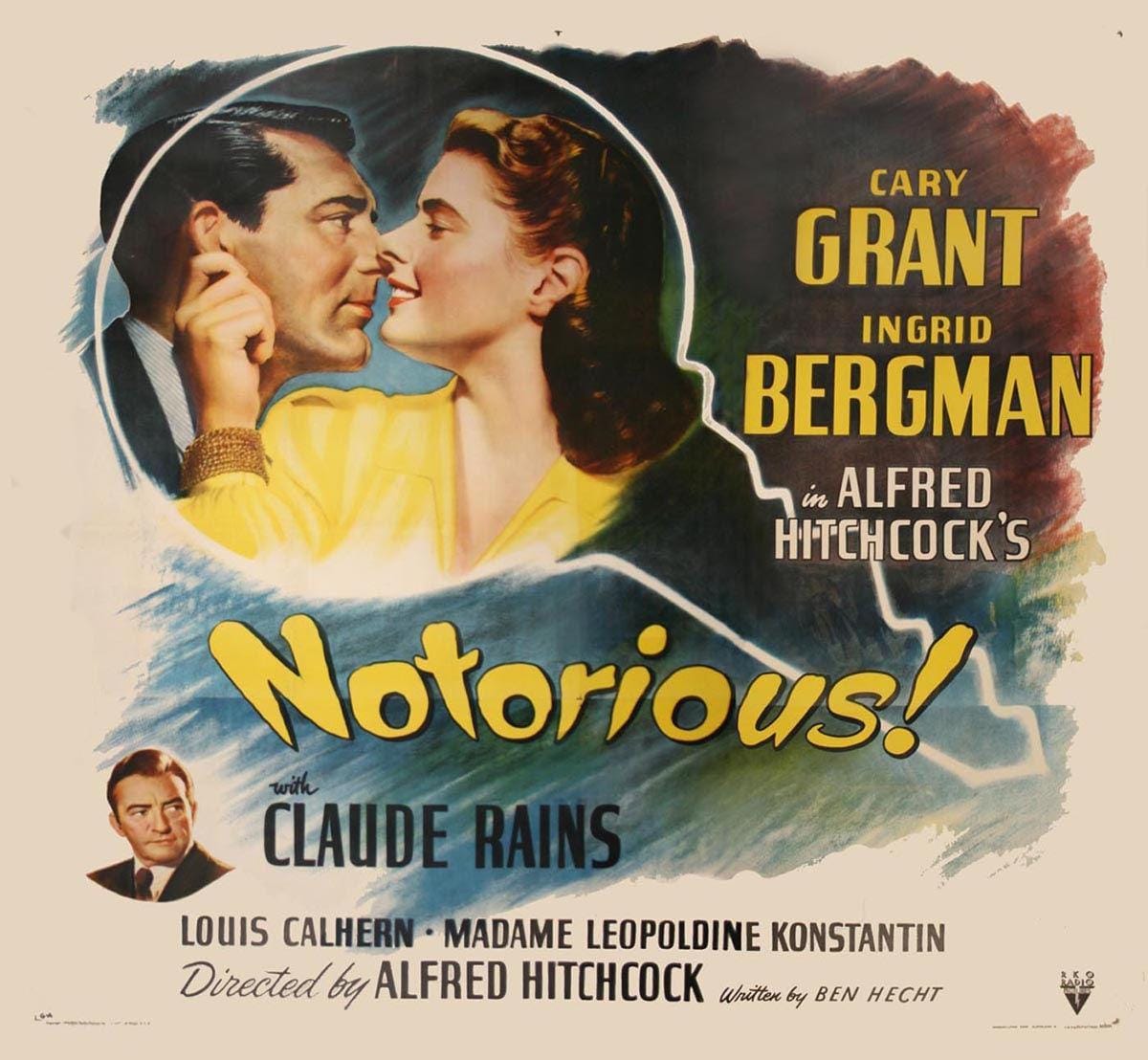 A poster for Hitchcock's Notorious, starring Cary Grant and Ingrid Bergman