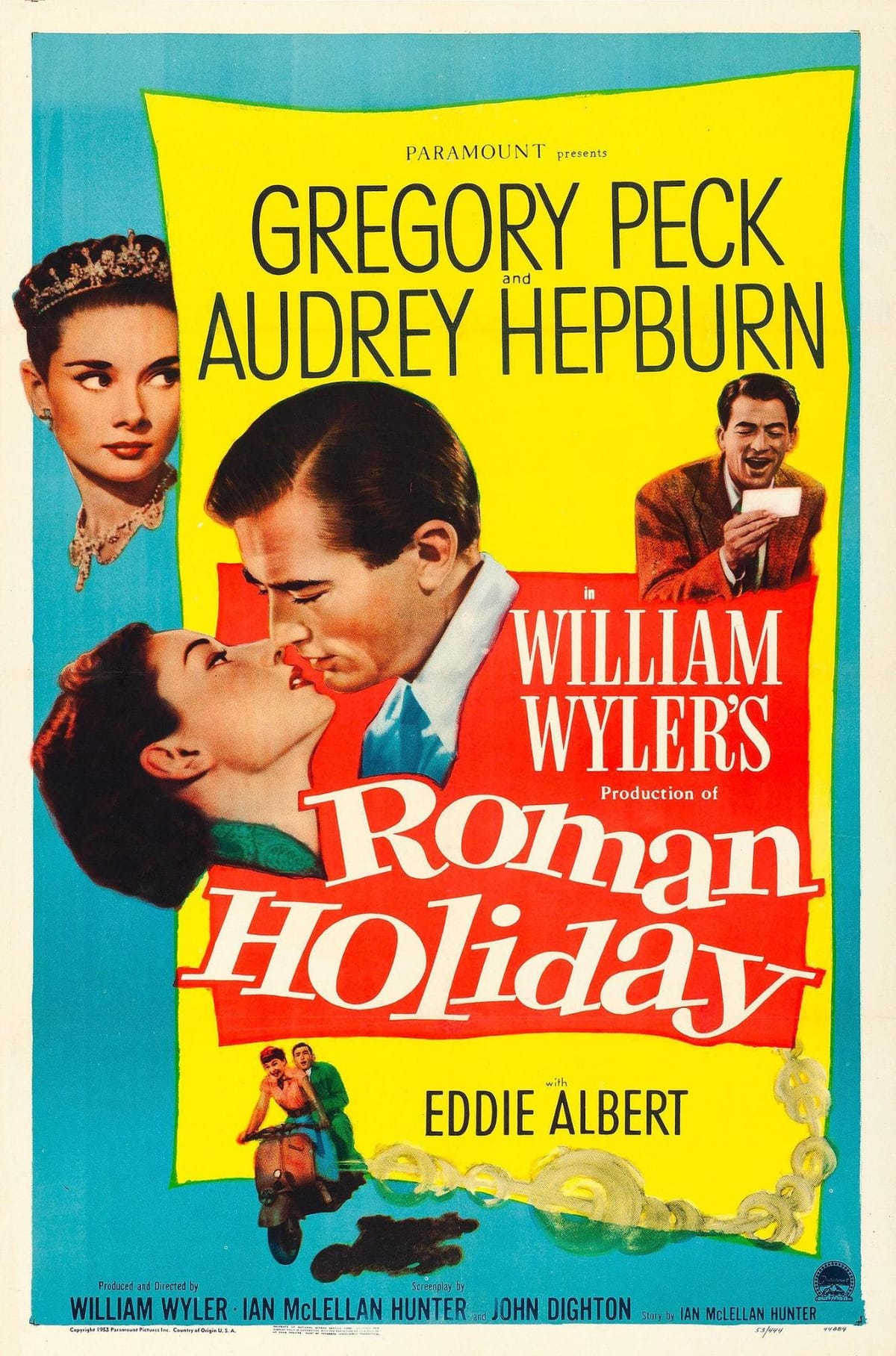 A poster for Roman Holiday, starring Audrey Hepburn and Gregory Peck