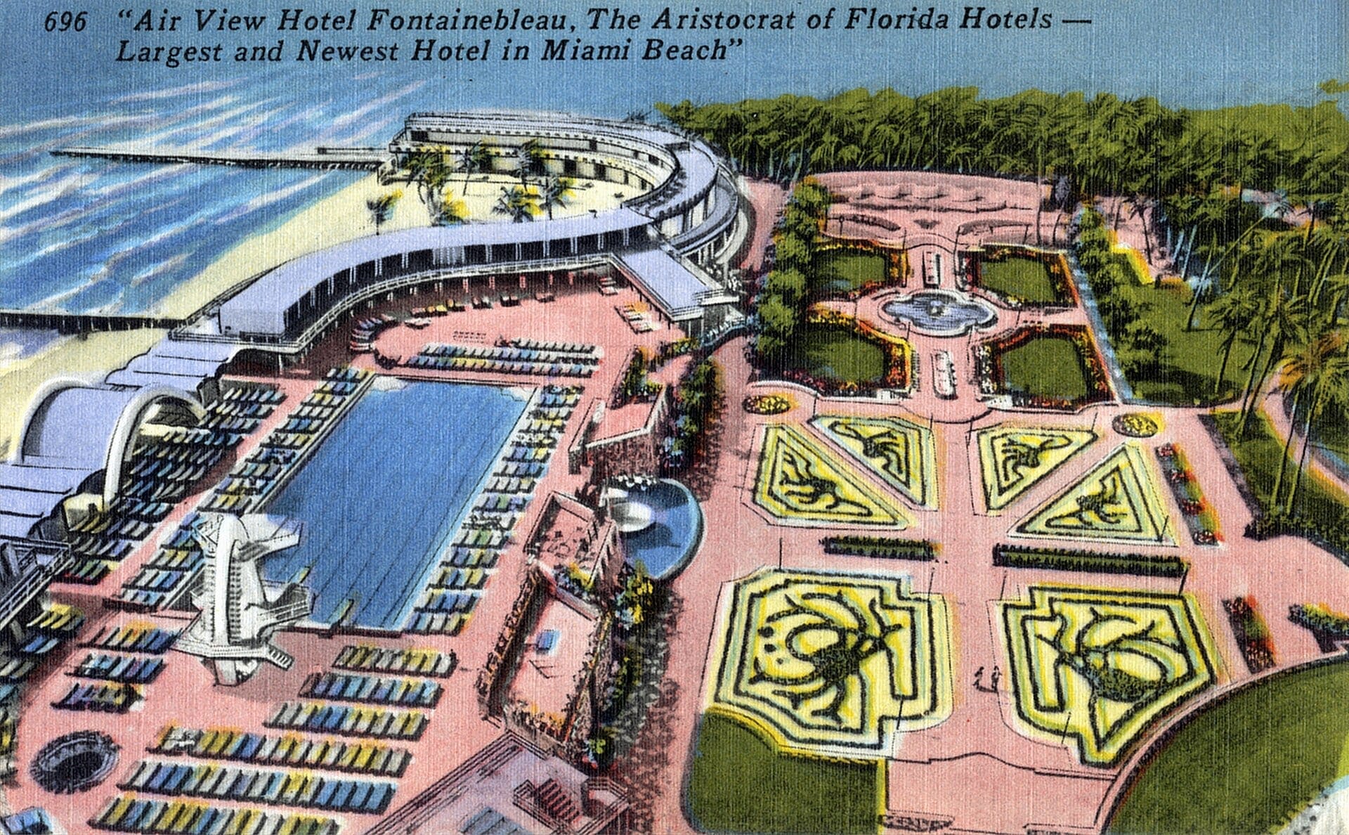 Vintage aerial postcard view of the Hotel Fontainebleau, Miami Beach