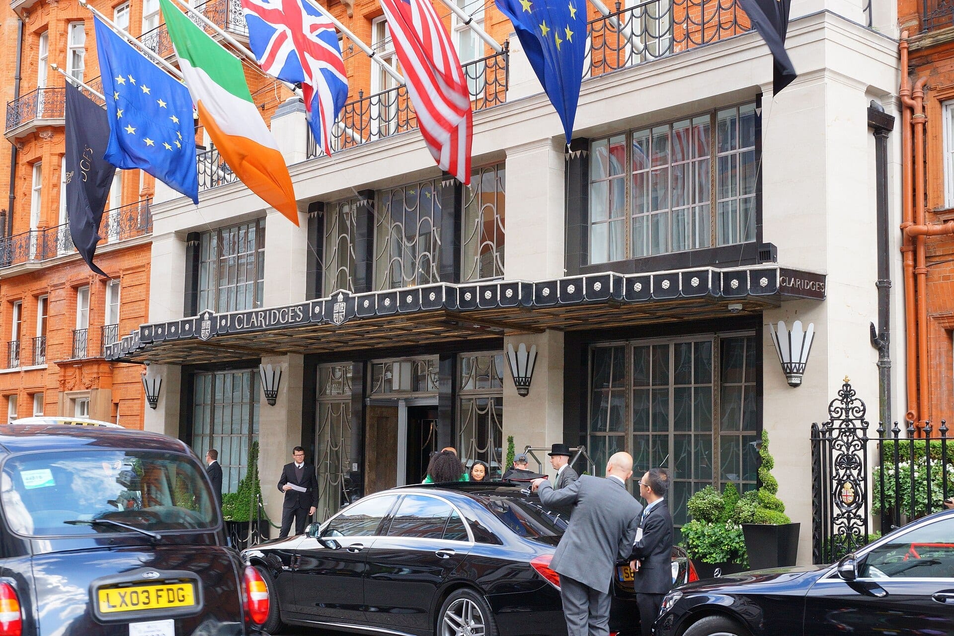 The art deco facade of Claridge's hotel on Brook Street in Mayfair, London