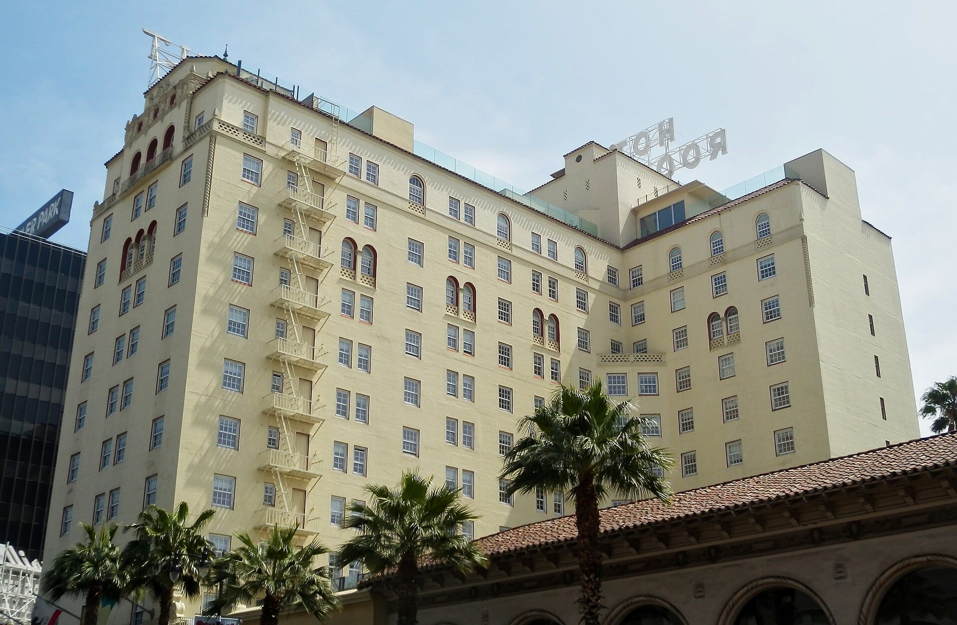 The Spanish Colonial Revival facade of The Hollywood Roosevelt on Hollywood Boulevard