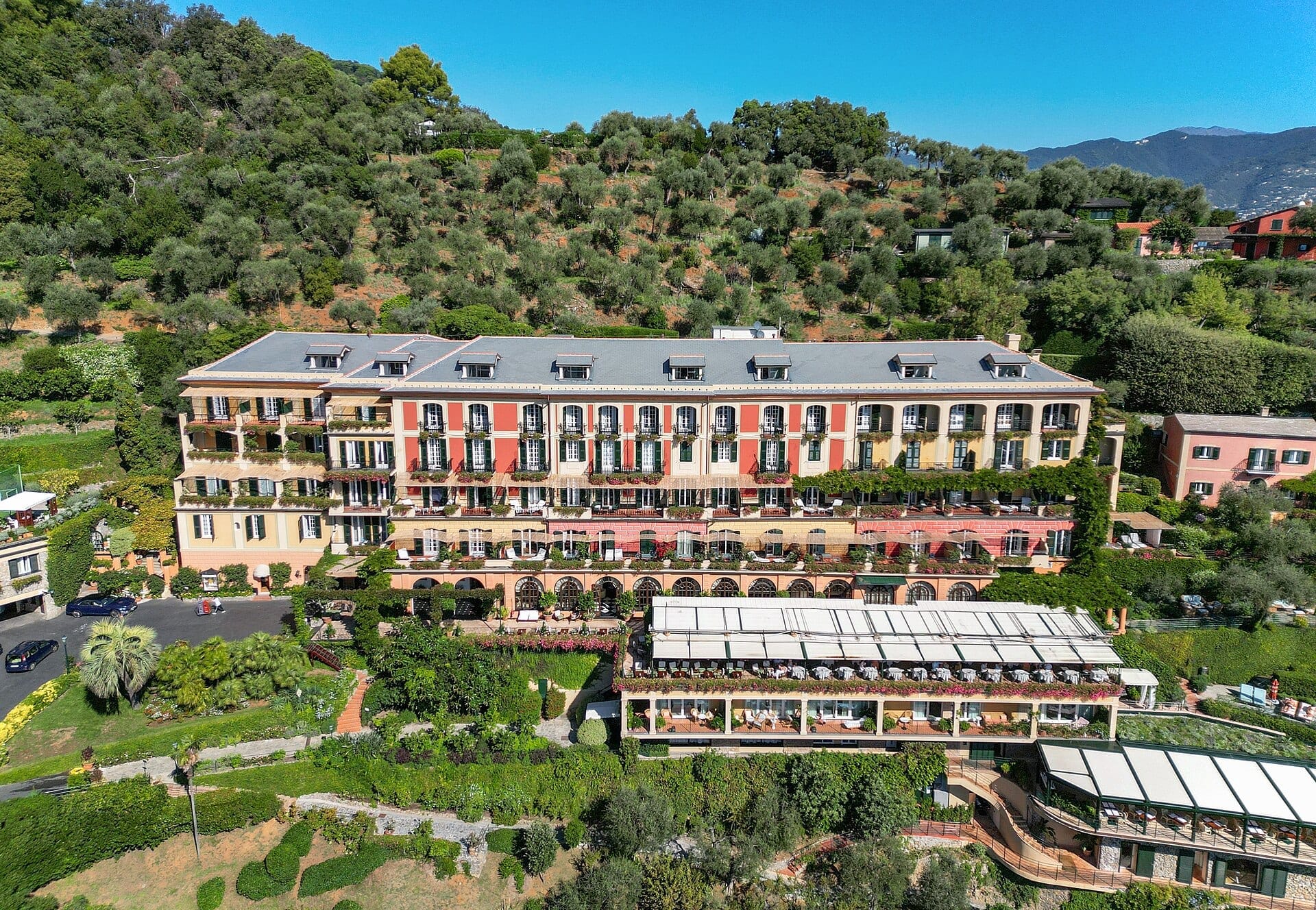 The Belmond Hotel Splendido on the hillside above Portofino harbour, Italian Riviera