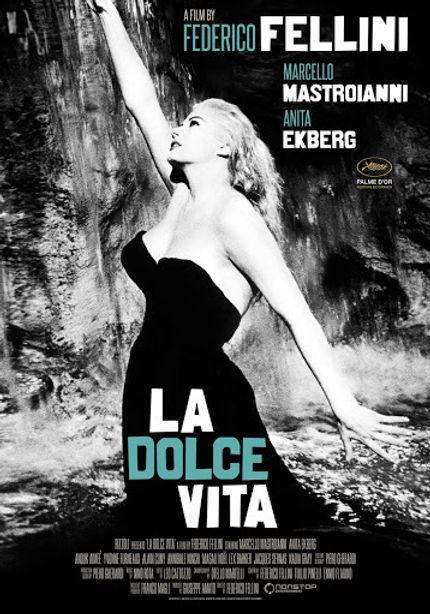 A poster for Fellini's La Dolce Vita, starring Marcello Mastroianni and Anita Ekberg
