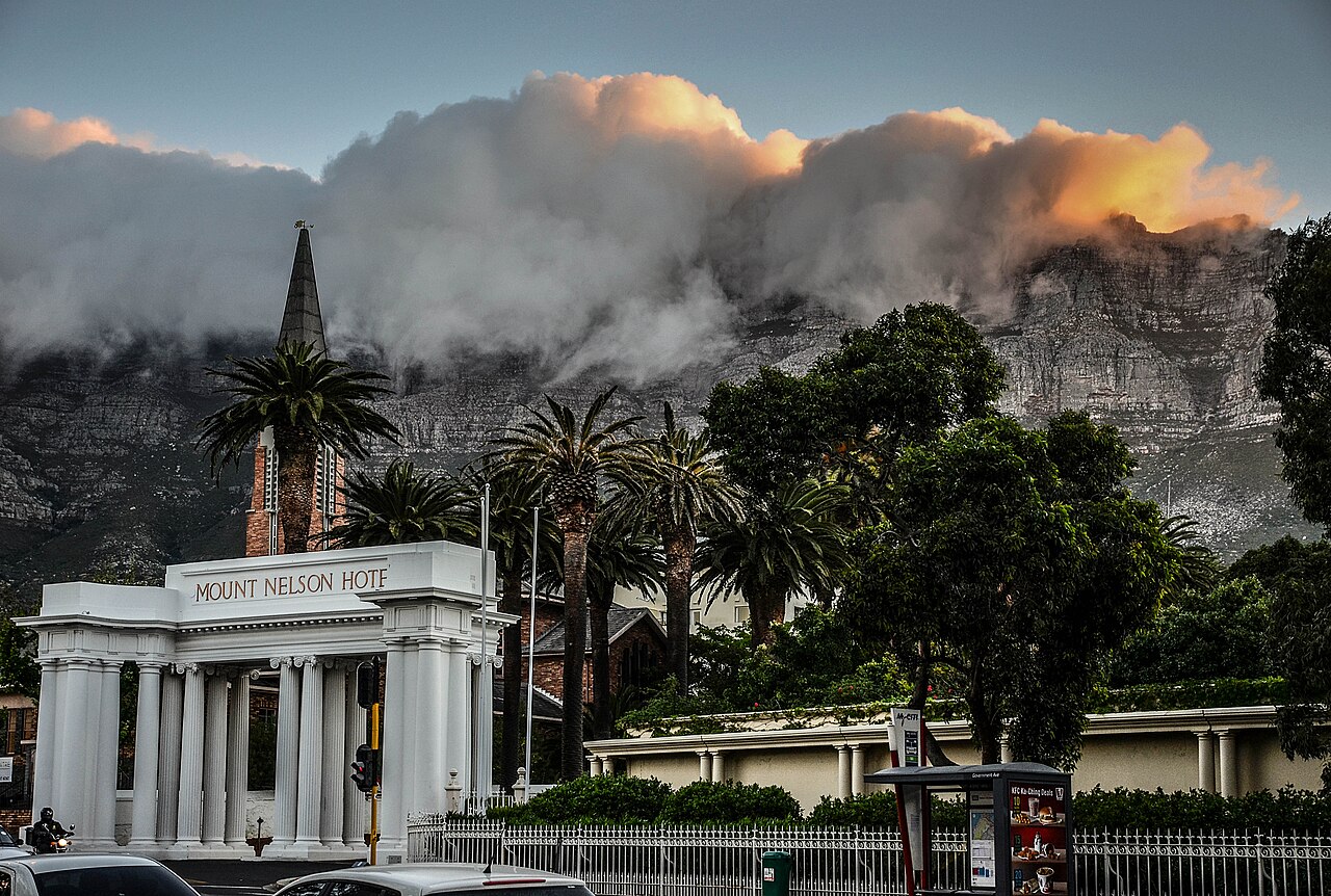 Grand entrance to the pink-painted Mount Nelson Hotel in Cape Town