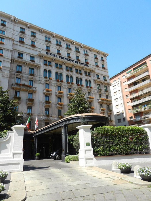 The neoclassical facade of the Hotel Principe di Savoia in Milan