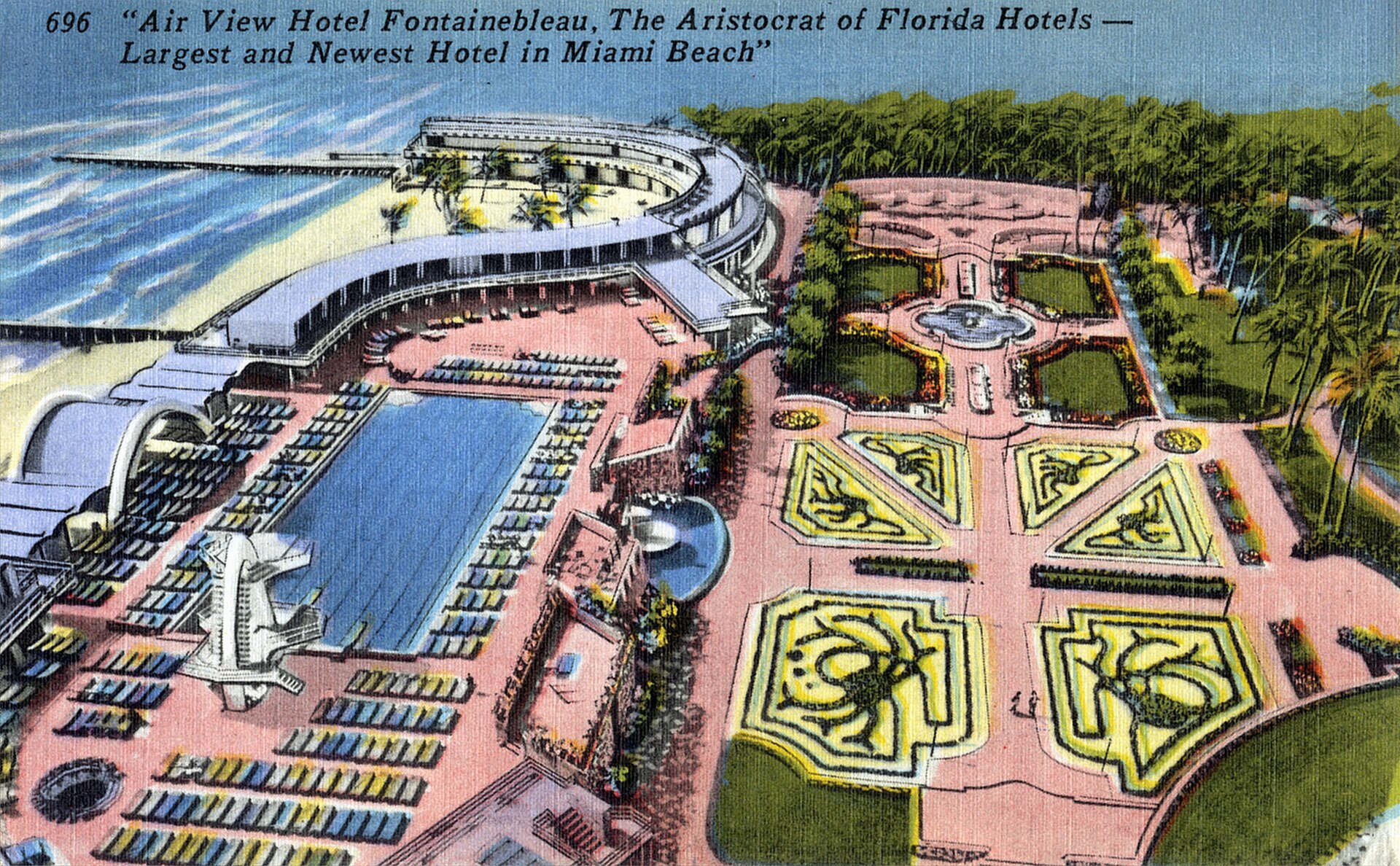 Vintage aerial postcard view of the Hotel Fontainebleau, Miami Beach